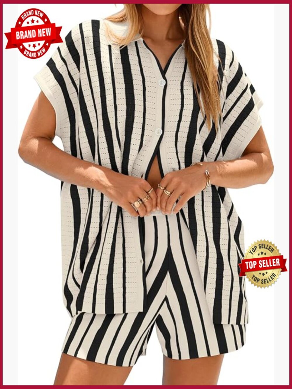 Summer 2 Piece Shorts Set Women Beach Vacation Crochet Button Striped Outfits